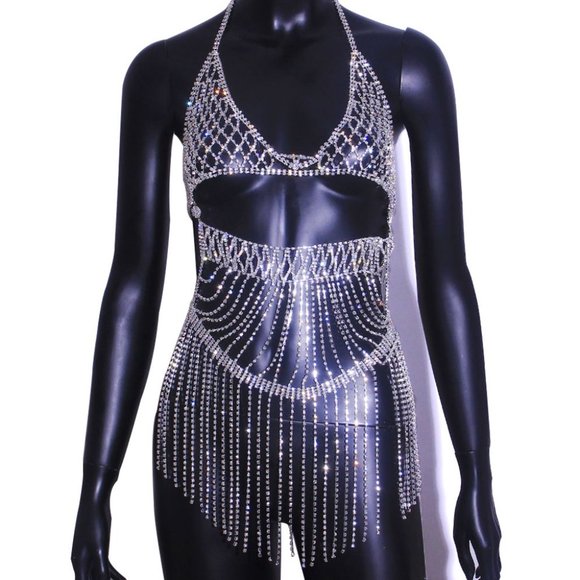 Luxury Tassel Crystal Bodysuit Lingerie Jewelry for Women Rhinestone Body Chain - Picture 4 of 6